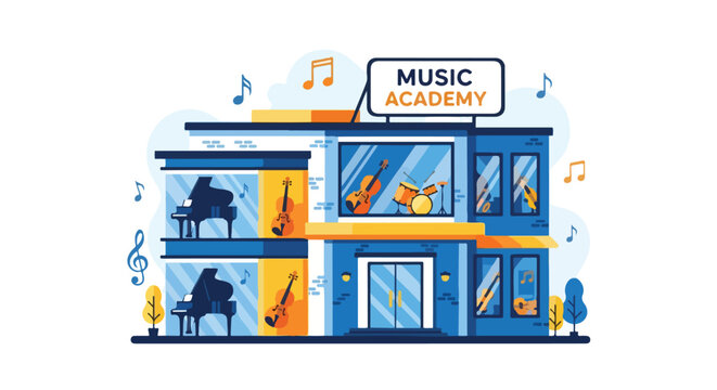Vibrant music academy building illustration showcasing diverse instruments and musical notes in a modern design