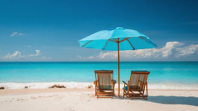 Beach Bliss: Serene tropical beach scene, featuring a blue parasol and two inviting chairs, sets the stage for pure relaxation against the backdrop of crystal-clear waters and a bright blue sky.