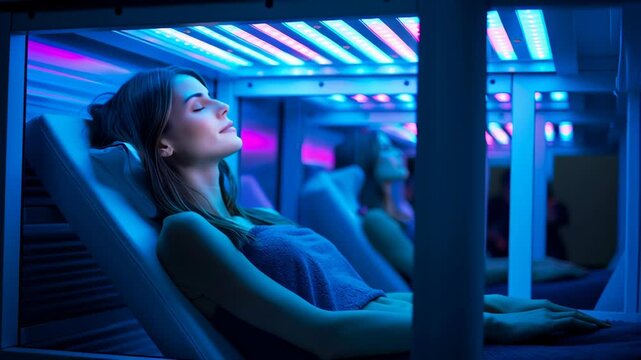 A woman relaxing under colorful UV lights in a tanning bed.
