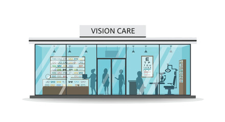 Optometry center with eye exam equipment and eyeglasses shopfront, a vector illustration that provides eye health and care for vision improvement