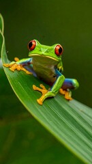 Naklejka premium Colorful Red-Eyed Tree Frog on a Green Leaf