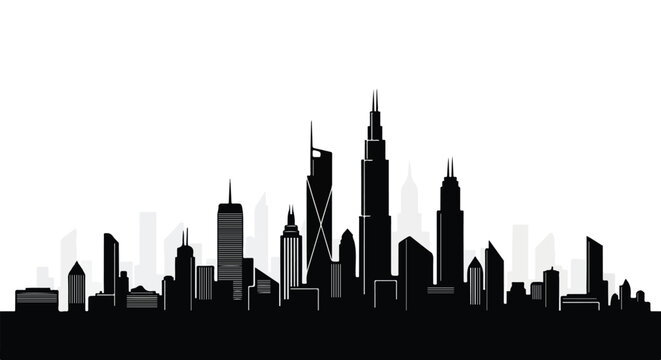 Monochromatic Metropolis: A stark silhouette of a bustling cityscape against a clean white backdrop evoking urban energy and architectural grandeur