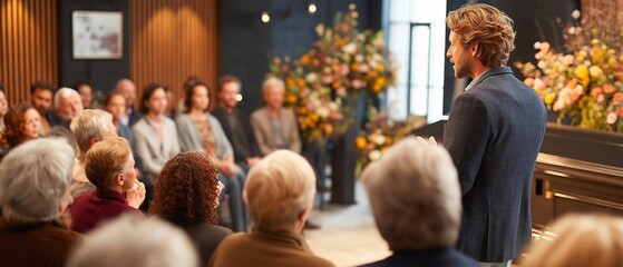At a funeral service, a white guy stands and addresses a row of men and women seated close to a closed coffin in a contemporary room.