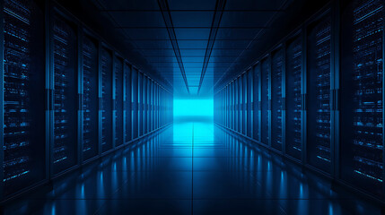 Fototapeta premium Data Center Server Room with Rows of Rack Servers and Blue Ambient Lighting