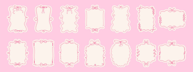Elegant coquette bow frame set. Modern hand drawn wavy frames for invitations and cards