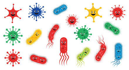 A collection of colorful cartoon bacteria and viruses with different expressions.