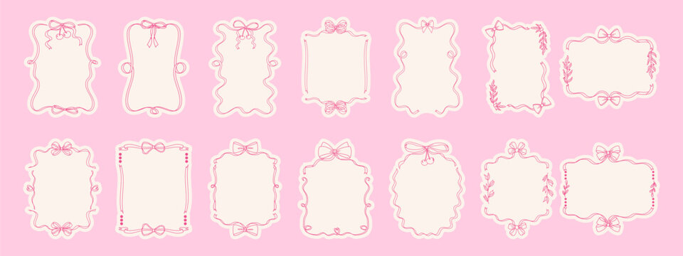 Elegant coquette bow frame set. Modern hand drawn wavy frames for invitations and cards