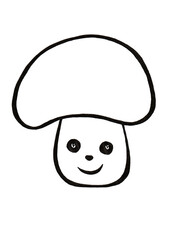 Stylized illustration of a mushroom character. Line art. Drawing in black outline. Isolated on white background. The mushroom has a face in place of a leg. Eyes, nose, smile. Champignon. Doodle.