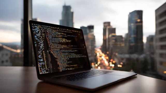 Coding by Window: A laptop displaying lines of code sits on a wooden desk, set against the backdrop of a modern cityscape. The screen illuminates, highlighting the technological process. 