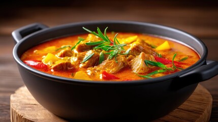 Delicious slow-cooked stew in a black pot with vibrant vegetables and herbs on a wooden table