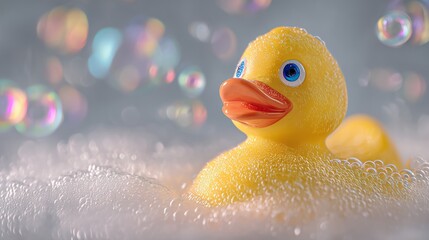 Close-up of a yellow rubber duck bathed in fluffy white bubbles with colorful bubbles floating in the background, concept for childhood memories, fun bath time and children's product promotion