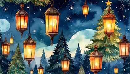 Watercolor illustration featuring lanterns, trees, and a starry night sky