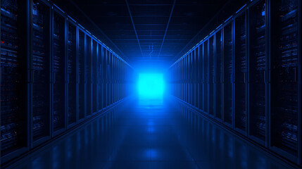 Futuristic data center corridor with server racks and glowing blue light at the end of the hall