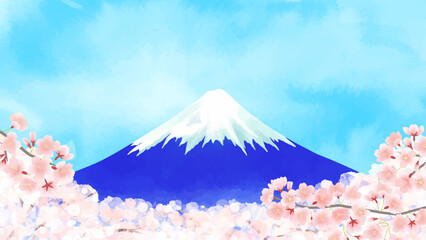水彩の桜の花に包まれた富士山のベクターイラスト風景