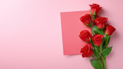 Fototapeta premium Elegant bouquet of red roses arranged on a soft pink background with a blank card for messages or notes, perfect for various occasions
