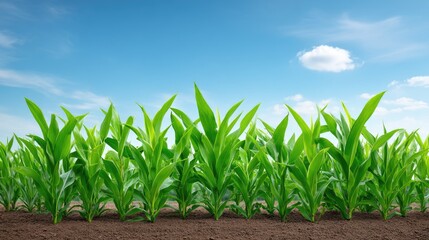 Obraz premium Vibrant Green Corn Plants Growing Under a Clear Blue Sky in a Agricultural Field with Soft White Clouds