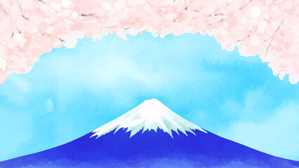 水彩の富士山と桜のアーチのベクターイラスト風景