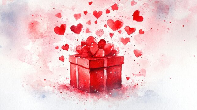Red gift box with hearts on abstract watercolor background - Powered by Adobe