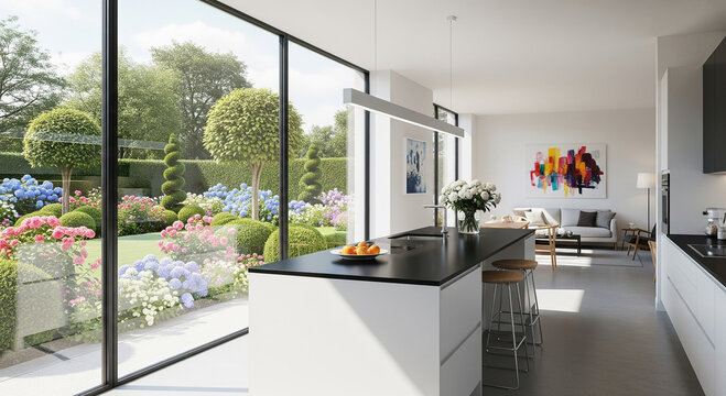 A minimalist, modern open-plan kitchen with dining area by a large window looking out to a garden
