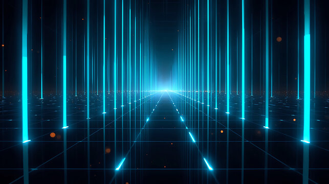 Futuristic Neon Grid Abstract Background with Glowing Light Trails and Geometric Patterns
