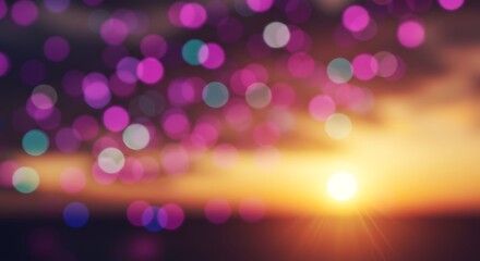 Abstract bokeh lights overlay a sunset sky, with vibrant orbs of purple, teal, and white
