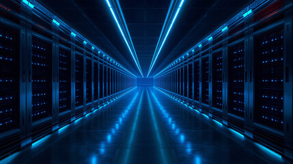 Futuristic server room illuminated with blue neon lights creating a technological corridor effect