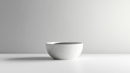 Stylish round bowl filled with black seeds placed on a clean white surface in a minimalist setting