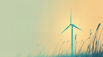 Tranquil scene with a wind turbine standing in a field of tall grass against a soft pastel sky, concept for green energy solutions, environmental awareness and sustainable technology