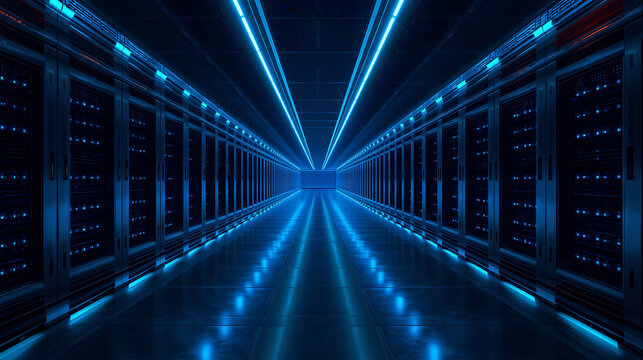 Futuristic server room illuminated with blue neon lights creating a technological corridor effect