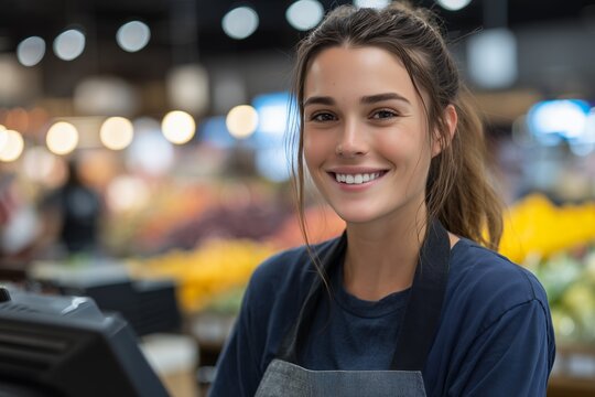 Smiling young woman in apron at supermarket checkout with fruit display behind, concept for food retail, grocery business and customer service representation
