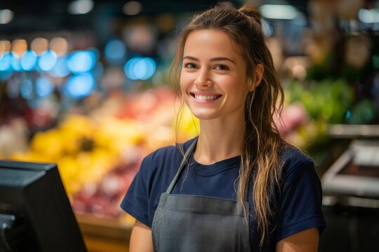 Smiling young woman cashier at a supermarket checkout with produce display behind, concept for local business promotion, grocery store advertisement and employment opportunity campaigns