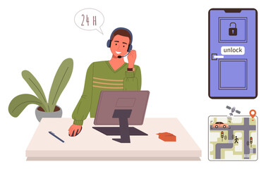 Agent providing 247 customer support at desk with headset and computer. Lock on door and navigation map included. Ideal for customer service, support, technology, navigation, security, helplines