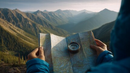 Person holds a map and compass with a scenic mountain view, concept for travel adventure, outdoor exploration and navigational guidance