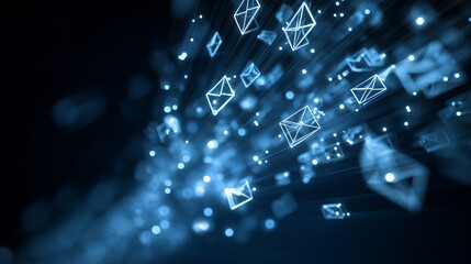 Abstract glowing blue email envelope icons floating in a dark space with light trails, concept for digital communication, electronic messaging and secure data transfer