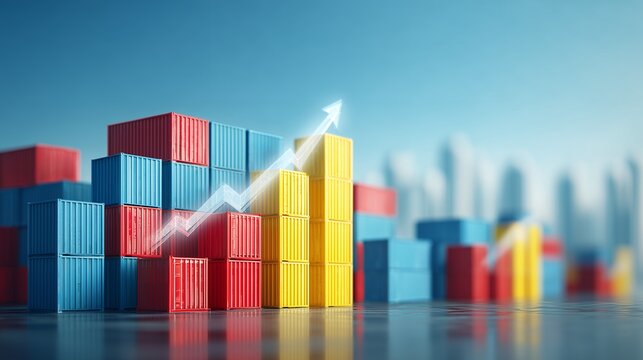 Stacked colorful shipping containers forming rising bar graph with up arrow and city background, concept for global trade growth, supply chain management and import-export business