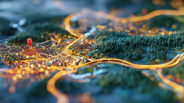 Abstract aerial view of city map with glowing road network and location pin, concept for urban planning, business logistics and navigation technology