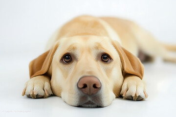 Adorable golden labrador puppy resting its head, looking directly at you with soulful brown eyes, perfect for pet lovers and heartwarming stories