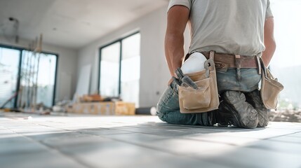 Man with tool belt kneeling on newly installed tiles in a bright, modern room with large windows, concept for home renovation project, interior finishing and construction industry advertising