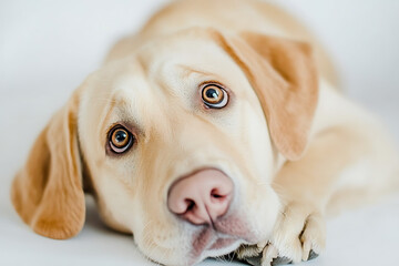 Adorable golden labrador retriever puppy looking up with sweet eyes, perfect for heartwarming pet campaigns or animal welfare promotions, soft focus