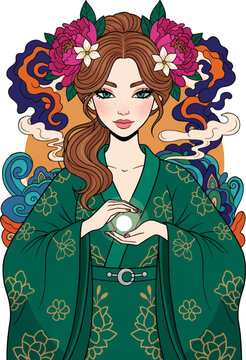 Western Woman Nature Beauty Spa Wellness Vector Illustration. Spa Day Design a vector illustration of a relaxing spa day for a woman in a kimono dress.