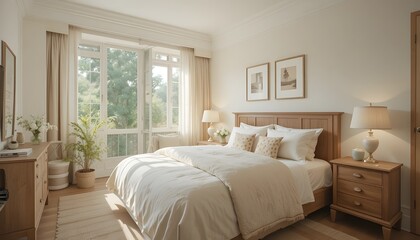 Fototapeta premium Bright bedroom with soft beige bedding, wooden furniture, and natural sunlight from window.
