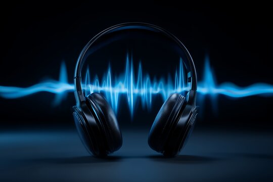 Black headphones with vibrant blue sound waves emanating from them against a dark background, concept for audio engineering, music production and podcasting equipment - Powered by Adobe