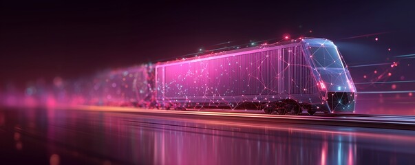 Futuristic high-speed train with digital network overlay, conveying innovation and connectivity on a dark backdrop. Concept for smart transportation, advanced technology solutions and global