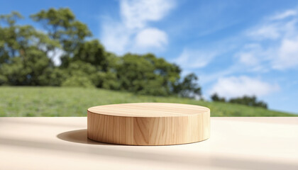 ディスプレイ用の木製の円柱の台座　空白の空間とさわやかな雲と青空・草原牧場の背景　商品・展示の台