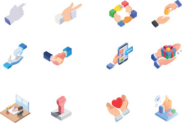 Set of Isometric 3D Icons for Hands, Business Interaction, and Gestures