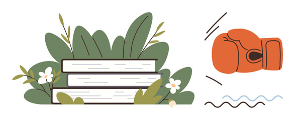 Stack of books surrounded by plants and a boxing glove symbolizes balance between knowledge and power. Ideal for education, strength, self-improvement, learning, sports, motivation, personal growth