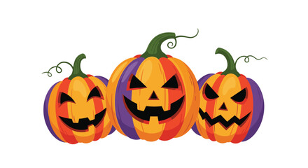 Three colorful jack o lanterns carved with spooky faces and decorated for Halloween.