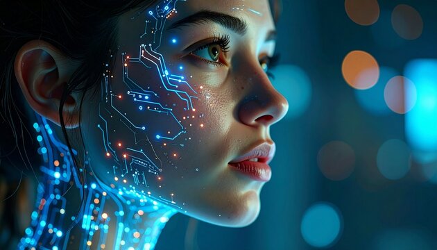 A vision of the future with a cybernetic woman's face illuminated by glowing digital circuits and a futuristic cityscape background