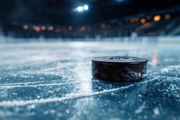 Close-up shot of a hockey puck lying on the ice rink surface in a dimly lit arena, concept for winter sports advertising, competitive team games and sporting event promotions