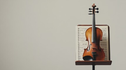 Violin stands gracefully on music stand with sheet music in softly lit room providing an artistic ambiance for practice